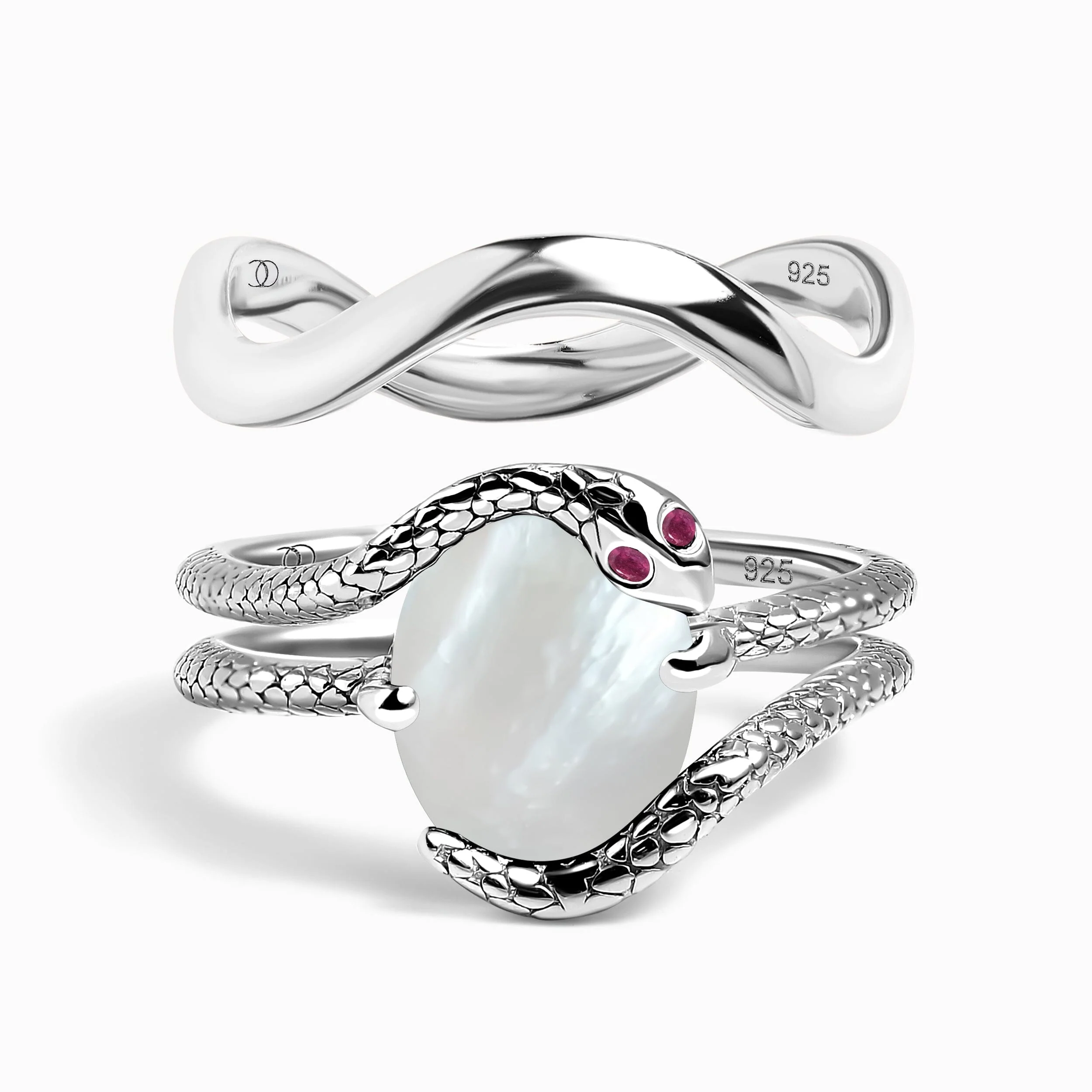 Mother of Pearl Ruby Serpent & Waves Rings